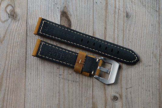 Dark brown leather strap with White stitching