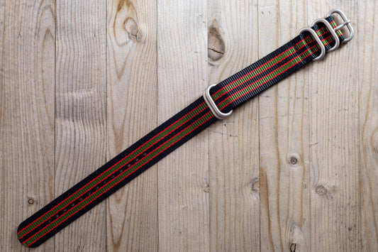 Black with OD Green and Red striped Military style strap