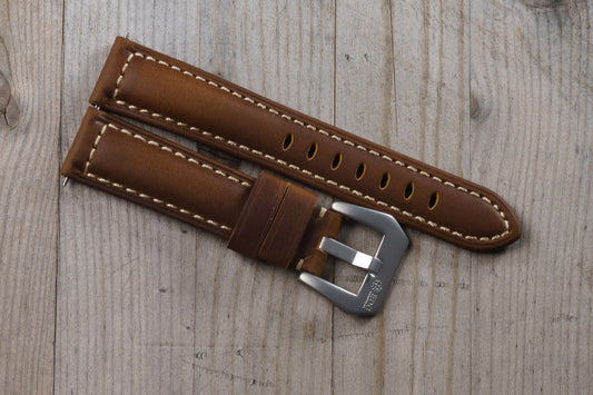 Dark brown leather strap with Tan stitching